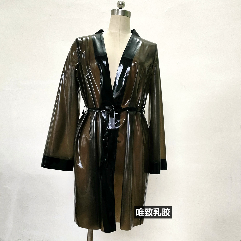 纯天然乳胶衣女士睡衣睡袍长袖性感透明黑色拼色光滑定制定做系带