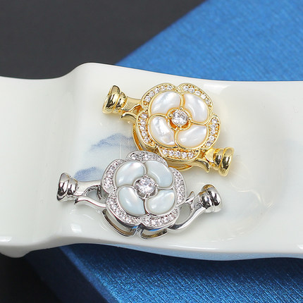 国产14k注金 山茶花珍珠项链手链连接扣镶嵌锆石贝母 DIY配饰配件