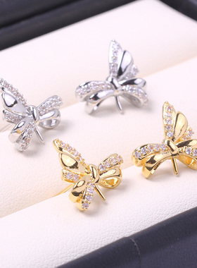 国产14k包金电镀保色 蝴蝶结微镶锆耳钉耳钩耳环耳饰DIY配饰时尚