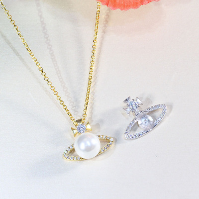 S925纯银西太后同款土星珍珠吊坠