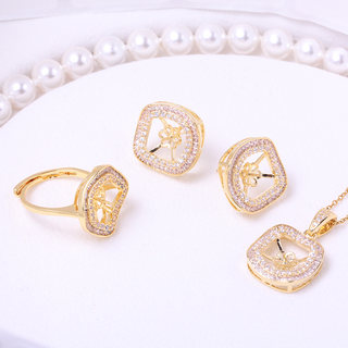 DIY珍珠配件空托 铜镀金18K 方块锆石吊坠S925银针耳钉戒指套装女