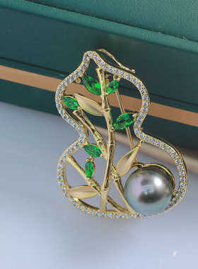 DIY珍珠配件新款铜镀金镂空葫芦竹叶绿色锆石胸针胸花配饰空托