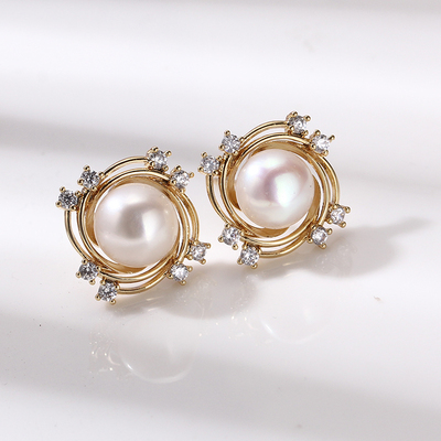 铜镀18K金花环珍珠耳钉DIY配件