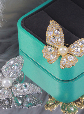 DIY配件 铜镀金蝴蝶微镶锆石T家同款西装大衣别针珍珠胸花空托女