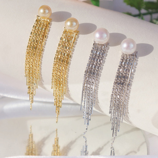 DIY珍珠配件 S925纯银法式高级流苏长款珍珠耳钉耳饰小众设计感女