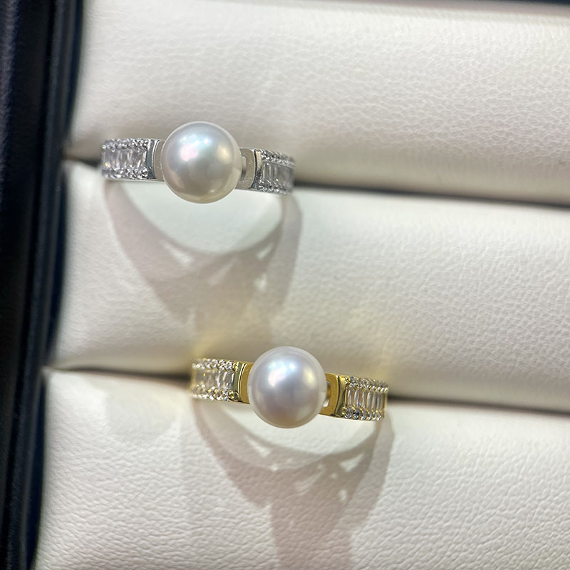 S925纯银新款T方锆石珍珠戒指