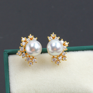 S925银针 半边五角星锆石珍珠耳饰14K包金耳钉空托DIY配饰配件女