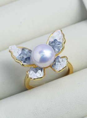 铜镀金珍珠配件蝴蝶戒指空托