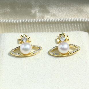 DIY珍珠配件新款S925纯银锆石镶嵌小行星西太后土星耳饰空托时尚