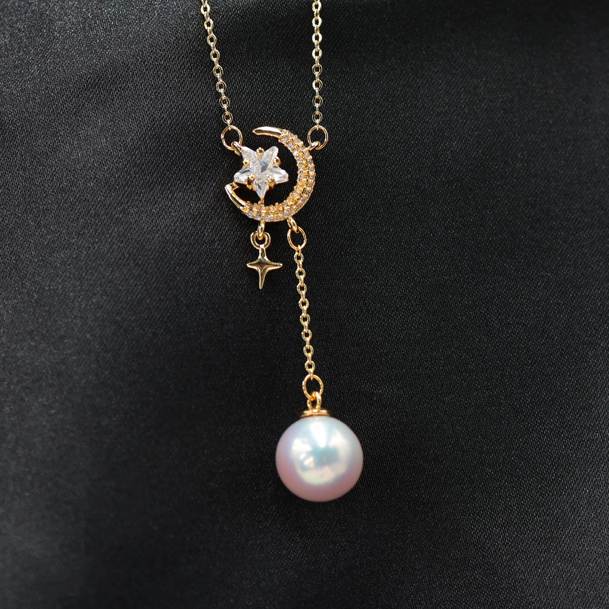 DIY珍珠配件新款铜镀金轻奢满锆星星月亮甜美套链空托8-14mm