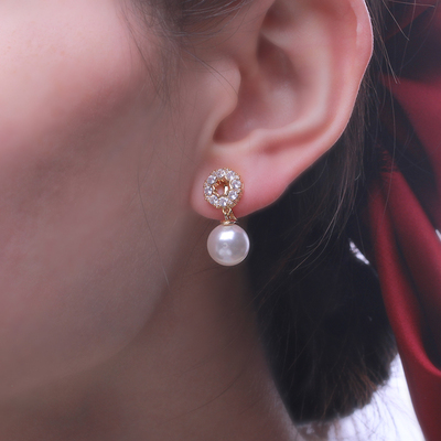 铜镀金圆形包边镶锆石珍珠耳夹
