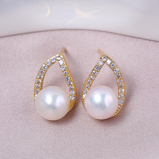 国产铜14K包金 水滴形锆石珍珠耳钉S925银针耳饰 配饰DIY配件简约