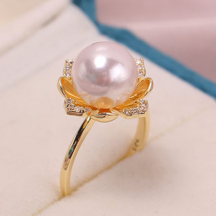 铜镀18K金 花朵锆石珍珠戒指空托开口可调节 DIY配饰配件女 气质