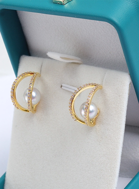 国产14k包金保色 半圆C圈微镶锆石珍珠S925银针耳钉DIY配饰配件女