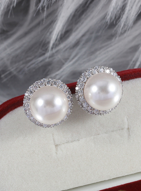 DIY珍珠配件 铜镀金S925银针太阳花微镶锆石珍珠耳钉耳饰 高级感