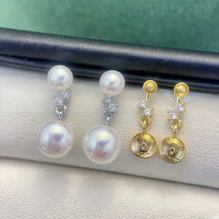 DIY珍珠配件 轻奢时尚新款注金双珠S925银针耳钉耳饰配件微镶锆石