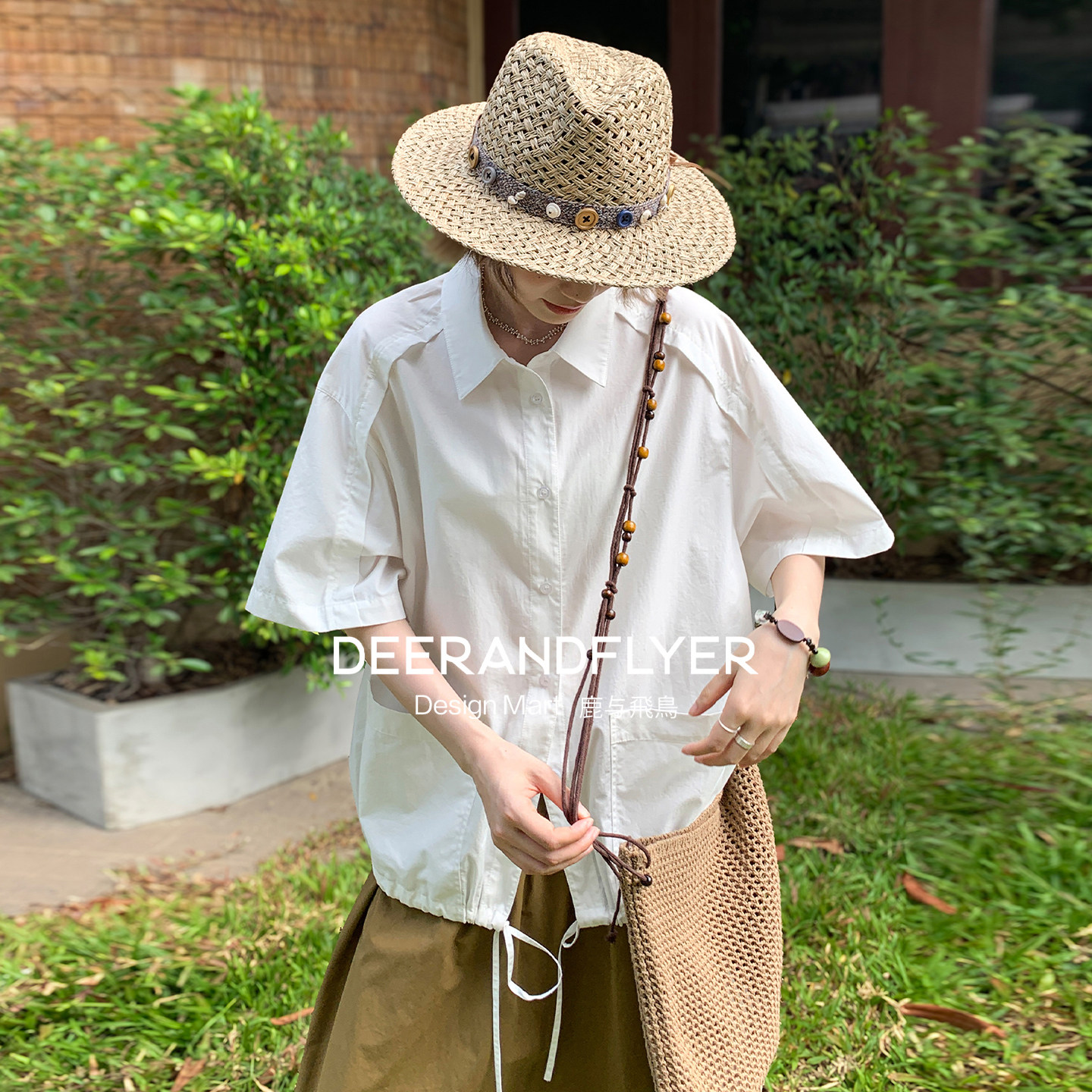 鹿与飞鸟「白巧松露」日系街头感抽绳调节设计休闲格纹衬衫7430