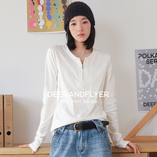 鹿与飞鸟「百搭主义」四季 半拉链亨利领正肩显瘦基础T恤7356 款