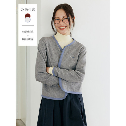 双色包边绒感刺绣短款开衫外套