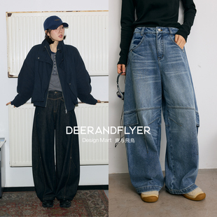 鹿与飞鸟棉感内抓绒牛仔弯刀裤/全棉水洗内里抓绒分割线牛仔裤