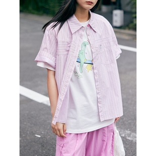 衬衫 烟雾粉纯棉错位条纹短袖 6082巛 莓果千层 鹿与飞鸟