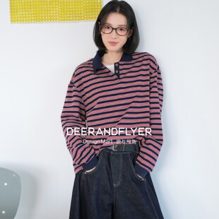 鹿与飞鸟「航海学院」经典 宽松条纹T恤7308 日系不对称领POLO衫