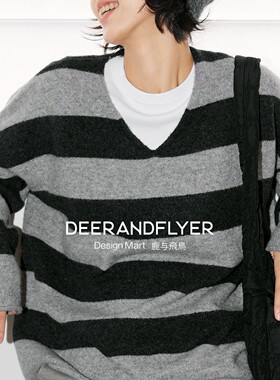 鹿与飞鸟“薄荷生巧”宽松慵懒宽条纹两色针织V领毛衣7111
