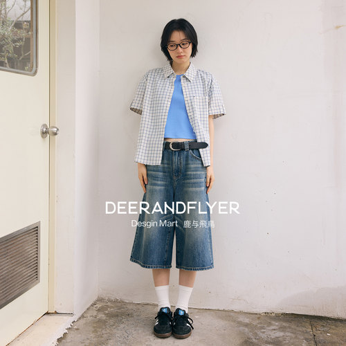 100棉A型立体复古蓝七分牛仔裤