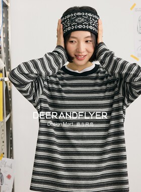 鹿与飞鸟“抹茶千层”宽松磨毛针织复古撞色条纹叠搭打底T恤7252