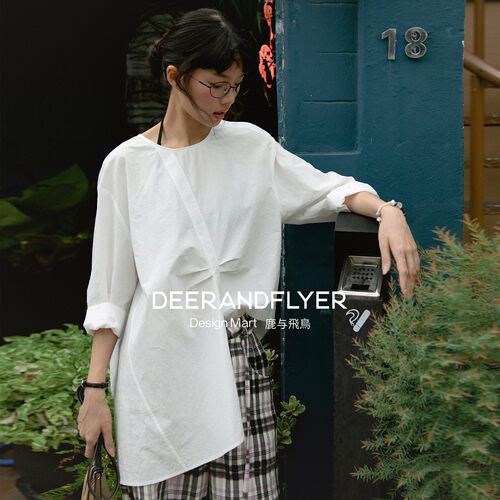 七分挽袖设计斜缝白衬衫上衣