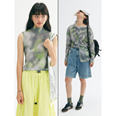 旷野来风 鹿与飞鸟 失色画境 灰绿色晕染微透网纱T恤背心5998