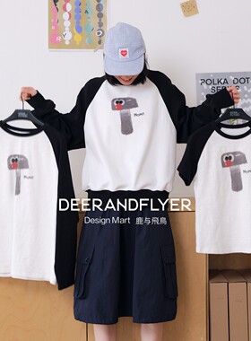 鹿与飞鸟「蘑古力」情侣款雪花纹蘑菇印花拼色插肩袖T恤7345-6-78