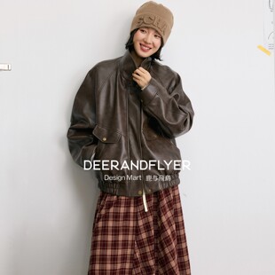 鹿与飞鸟“深焙摩卡”PU皮复古机车风加厚廓形外套配毛毛围巾7132