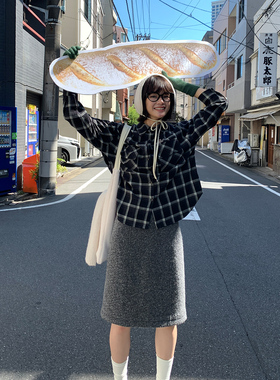 鹿与飞鸟一款好穿的毛呢搭子|灰色羊毛藏肉半身裙6274