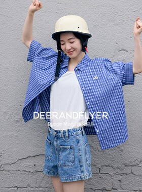 鹿与飞鸟“海芋夏日”清爽100棉两色格纹短袖衬衫送内搭背心6801