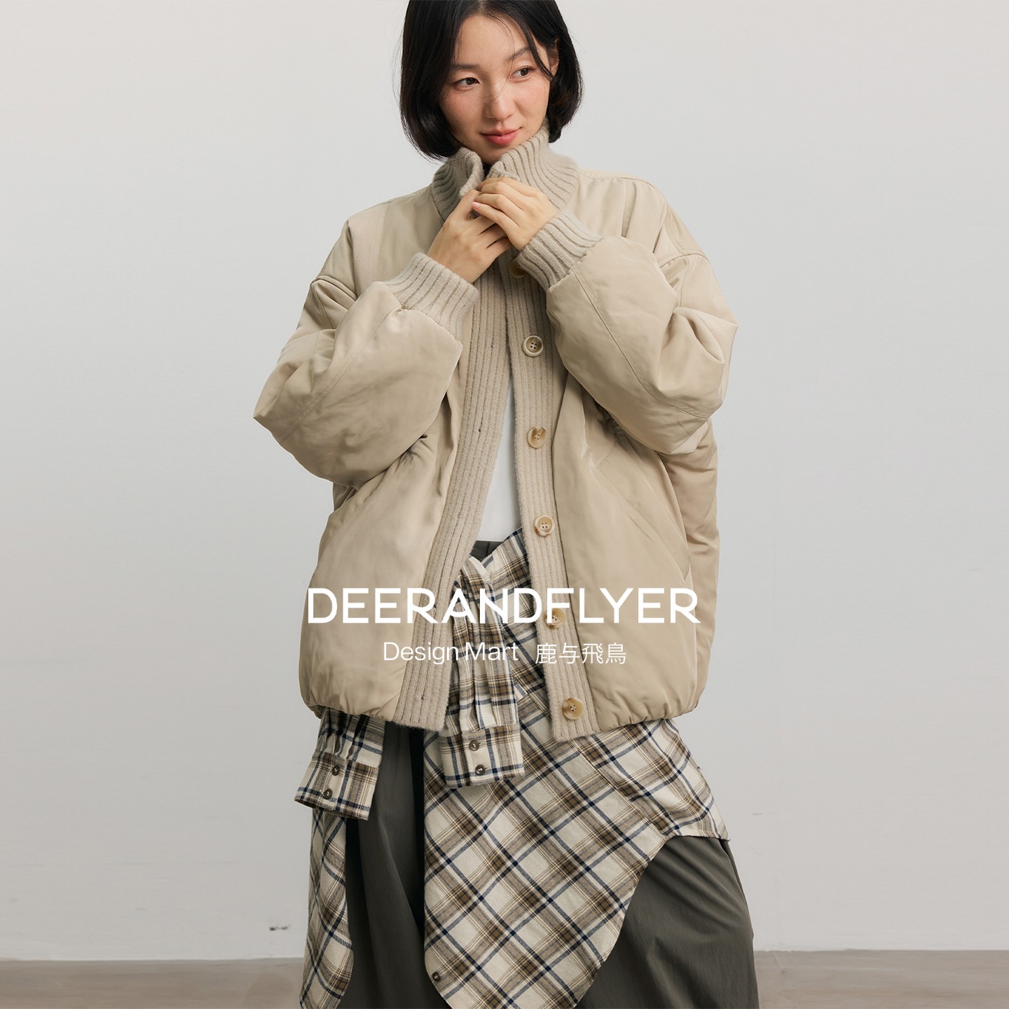 针织拼接立领中短款花苞棉服