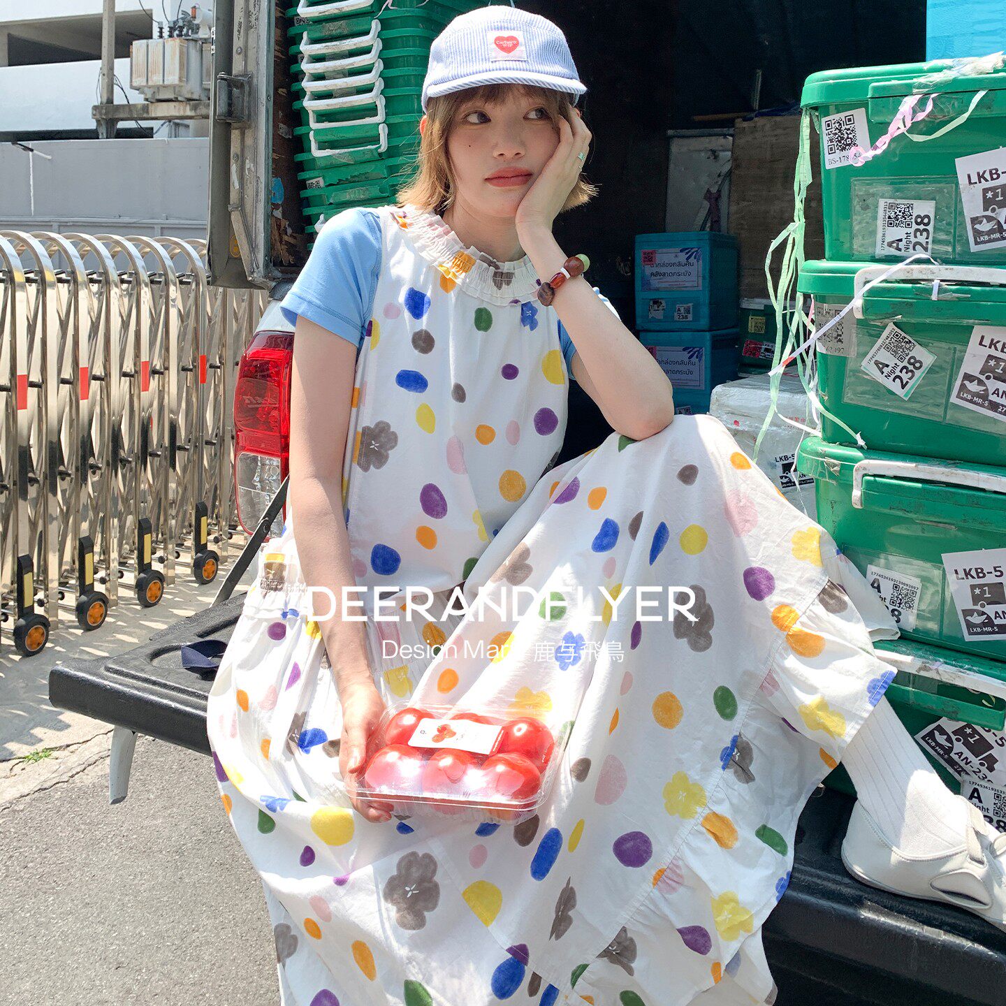 鹿与飞鸟「彩虹糖」原创彩色波点轻盈度假风大口袋无袖连衣裙7544