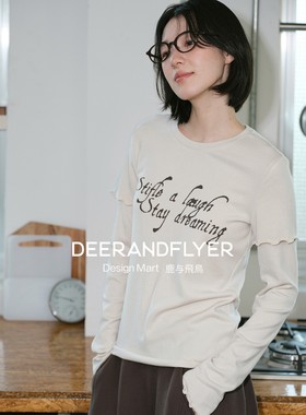 鹿与飞鸟“妙趣拼接”软弹微毛感假两件木耳边两色打底上衣7084