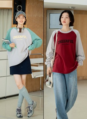 鹿与飞鸟[26°晴]百穿不腻!插肩袖磨毛休闲长袖T恤5744