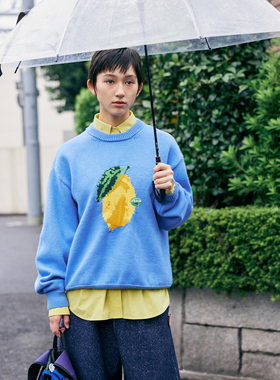 鹿与飞鸟“酸味柠檬”手织感复古蓝黄撞色套头毛衣6362寸