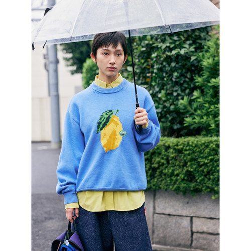 蓝黄柠檬手织感复古撞色套头毛衣