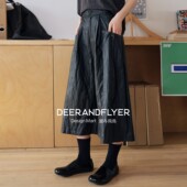 鹿与飞鸟「黑骑士」柔糯哑光纸皱肌理感阔腿显瘦A摆七分裙裤 7349