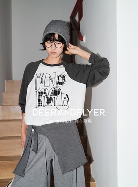 鹿与飞鸟“找自己”100棉宽松休闲字母印花撞色弧形插肩袖T恤6898