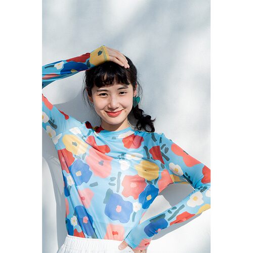 鹿与飞鸟领口系带花朵T恤女网纱打底衫长袖上衣3522
