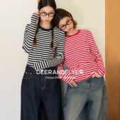 鹿与飞鸟「长期主义」高克重正肩显瘦磨毛日系针织条纹T恤7310