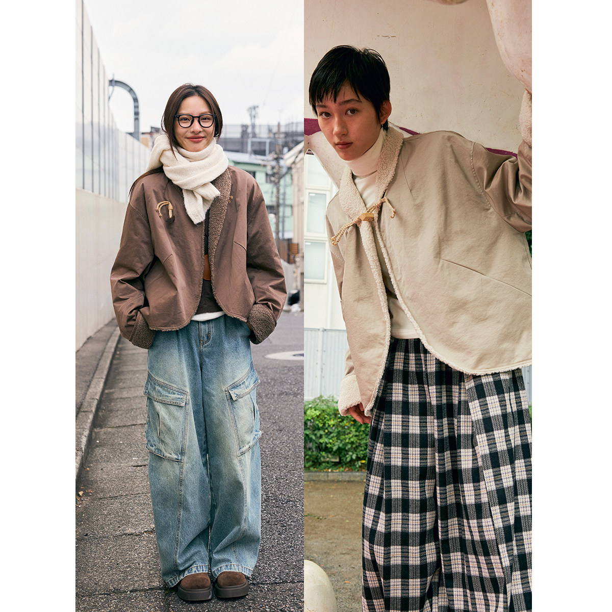 双色仿羊羔毛方形青果领外套