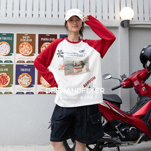 雪花棉原创印花撞色插肩长袖T恤