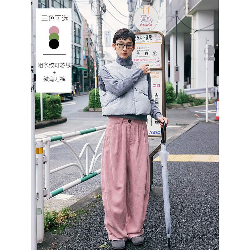 三色纯棉粗条纹灯芯绒休闲裤