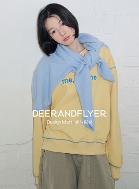 鹿与飞鸟“淡密海岛”300g涤棉微肌理撞色线两色刺绣圆领卫衣7085