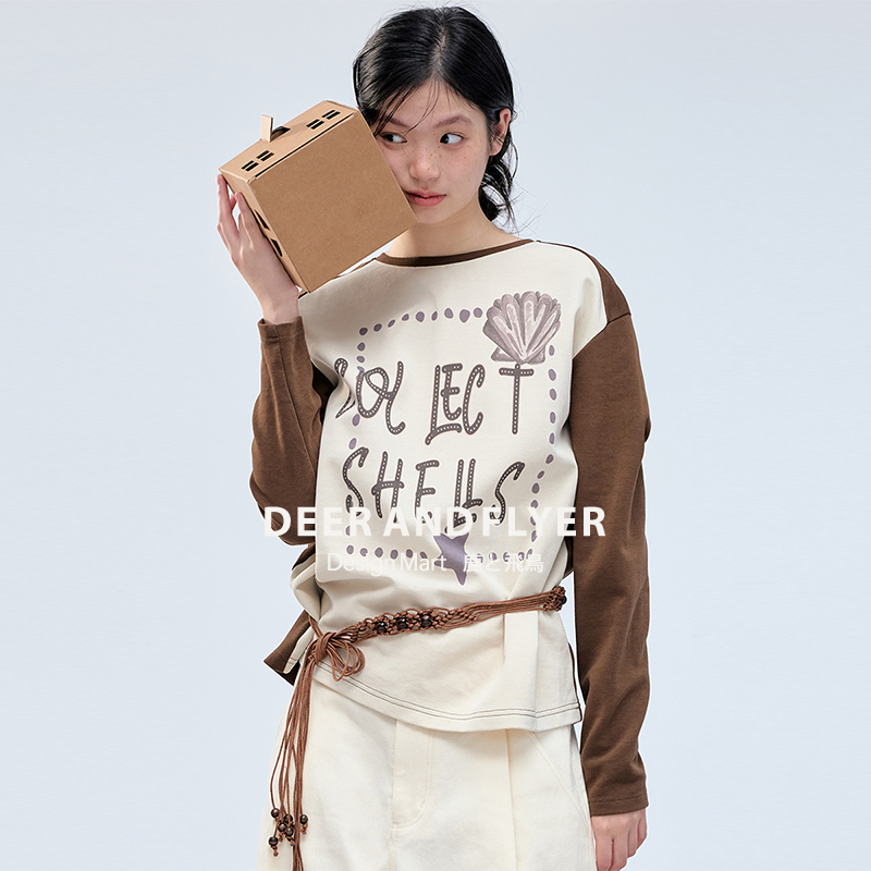 氛围感贝壳印花撞色插肩袖T恤